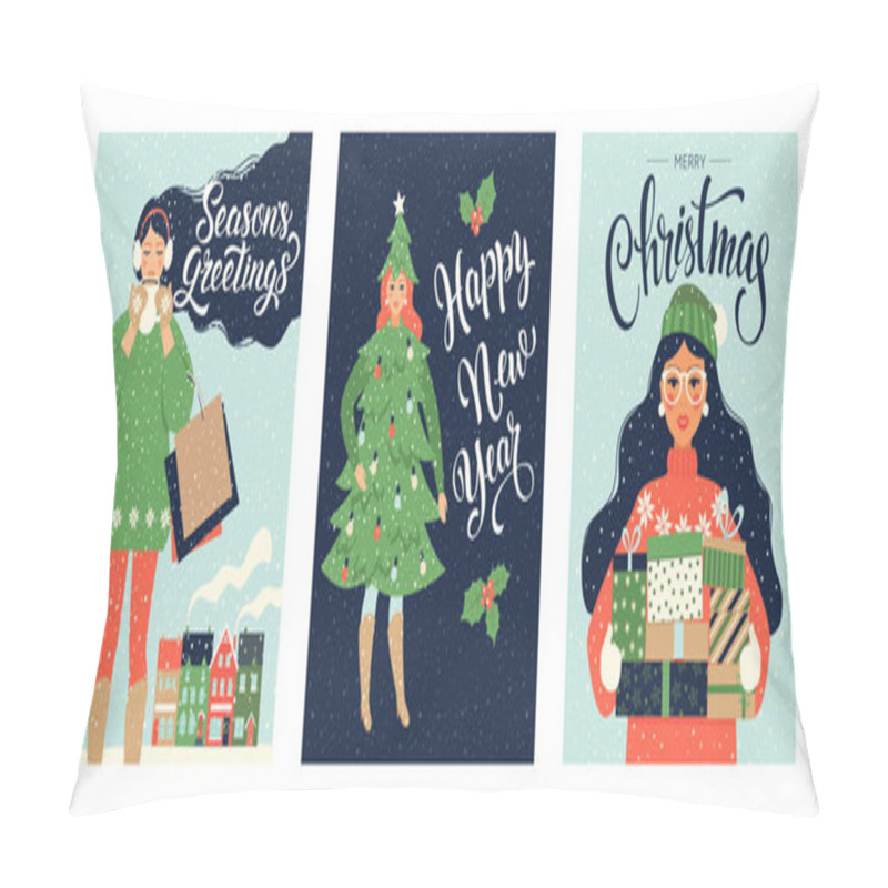 Personality  Set Christmas Card And Happy New Year Templates. Trendy Retro Style. Vector Design Template. Pillow Covers