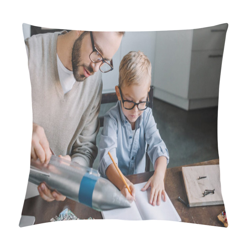 Personality  Father And Son Testing Rocket Model At Home Pillow Covers