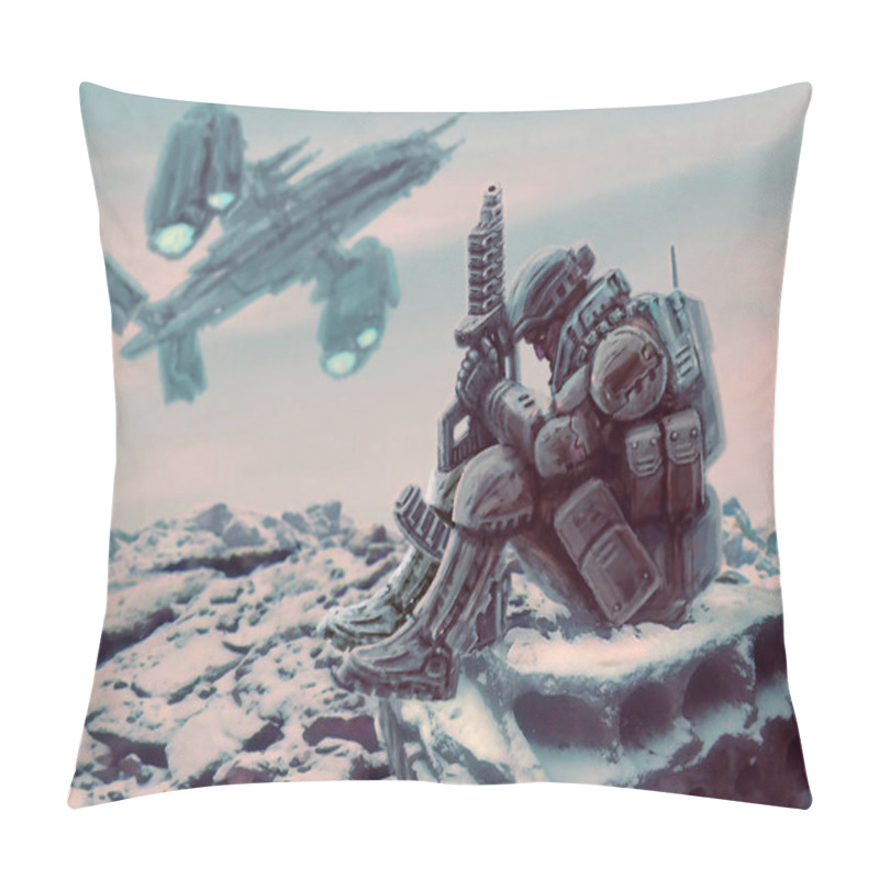 Personality  Soldier Of The Future Sits With Large Plasma Gun. Landing Spacecraft. Science Fiction Character. Pillow Covers