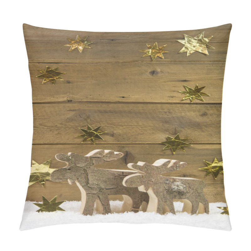 Personality  Two wooden elks on wooden christmas background. pillow covers