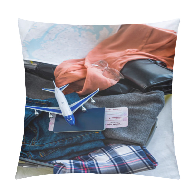 Personality  Travel Bag With Clothes, Passport, Air Ticket, Map And Airplane Model Pillow Covers