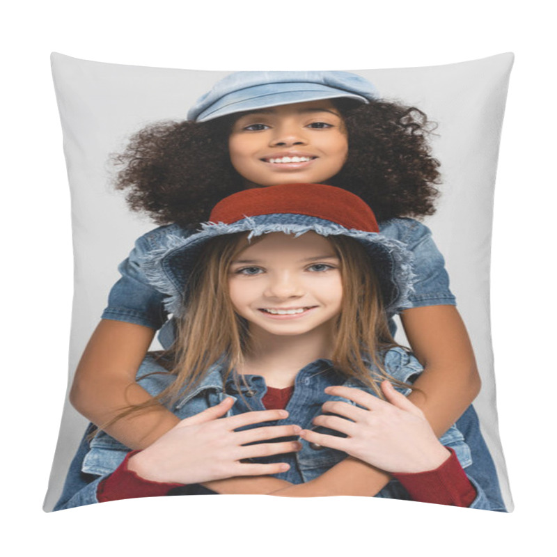 Personality  Happy Interracial Kids In Fashionable Clothes And Hats Embracing And Looking At Camera Isolated On Grey Pillow Covers