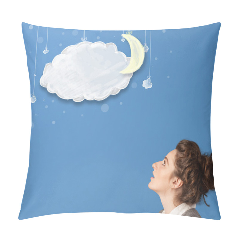 Personality  Young Girl Looking At Cartoon Night Clouds With Moon  Pillow Covers