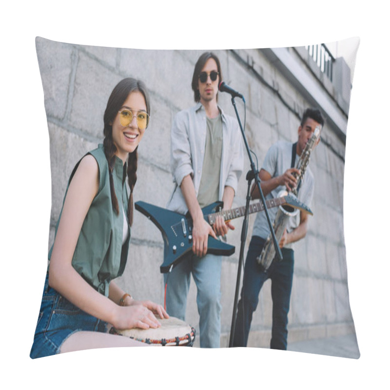 Personality  Young Hipster Buskers With Musical Instruments Playing At City Street Pillow Covers