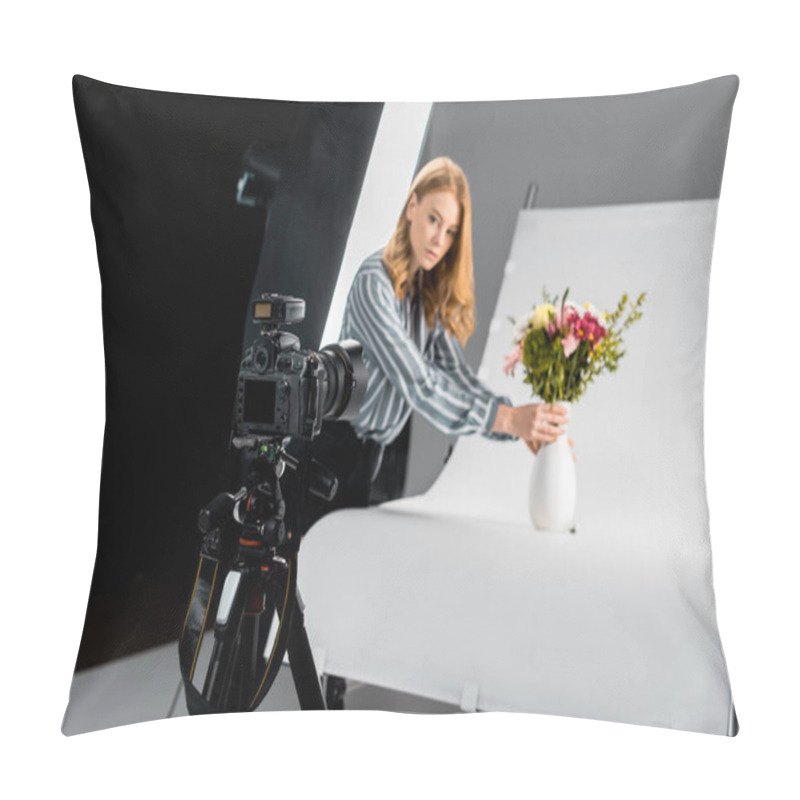 Personality  Close-up View Of Photo Camera And Female Photographer Arranging Flowers In Studio  Pillow Covers