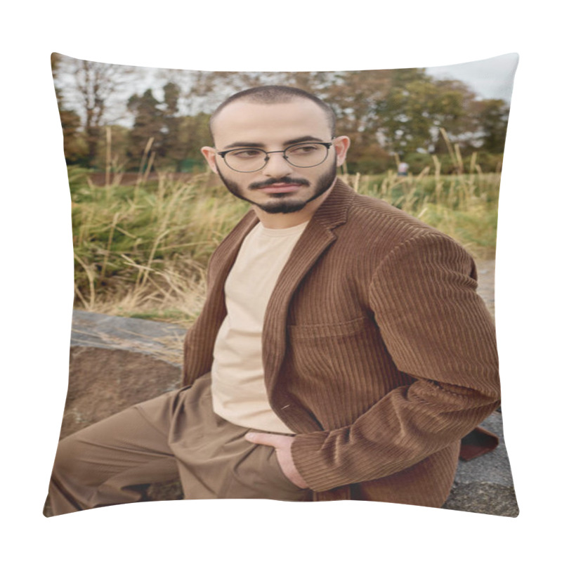 Personality  A Handsome Man In Fashionable Autumn Clothing Stands Proudly In A Tranquil Field Surrounded By Nature. Pillow Covers