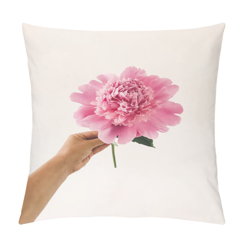 Personality  Hand Holding Big Pink Peony Flowers On White Background. Florist Arranging Floral Decor For Celebration. Hello Spring Concept Pillow Covers