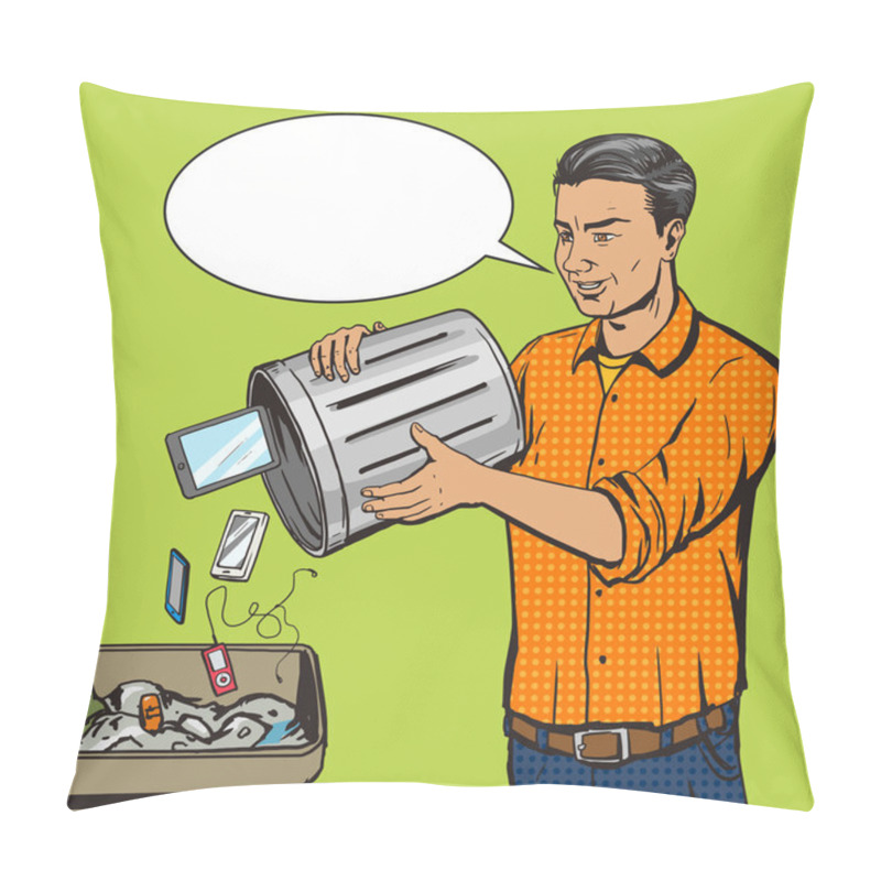 Personality  Man Throws Gadget Device Into Trash Pop Art Vector Pillow Covers