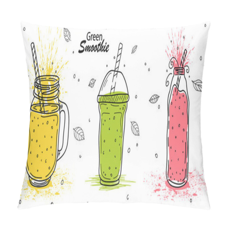 Personality  Smoothies Or Detox Cocktail Day Poster In Doodle Style. Set Of Hand Drawn Ingredients For A Cocktail Or Detox Drink In A Mason Cup Or Jar. Healthly Food. Vector Illustration Great For Poster, Banner. Pillow Covers