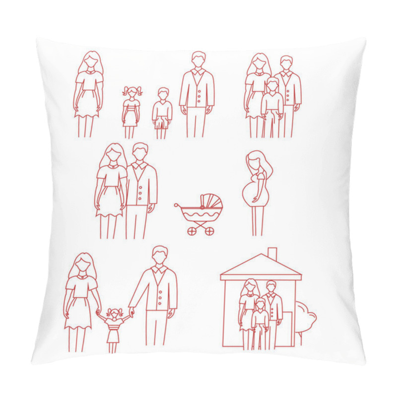 Personality  Vector Icons With Family, Pregnant Woman And Stroller On White Background  Pillow Covers