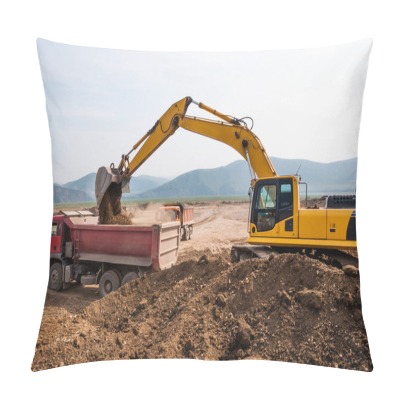 Personality  Excavator Loads Clay Into The Body Of A Dump Truck On A Sunny Summer Day Pillow Covers