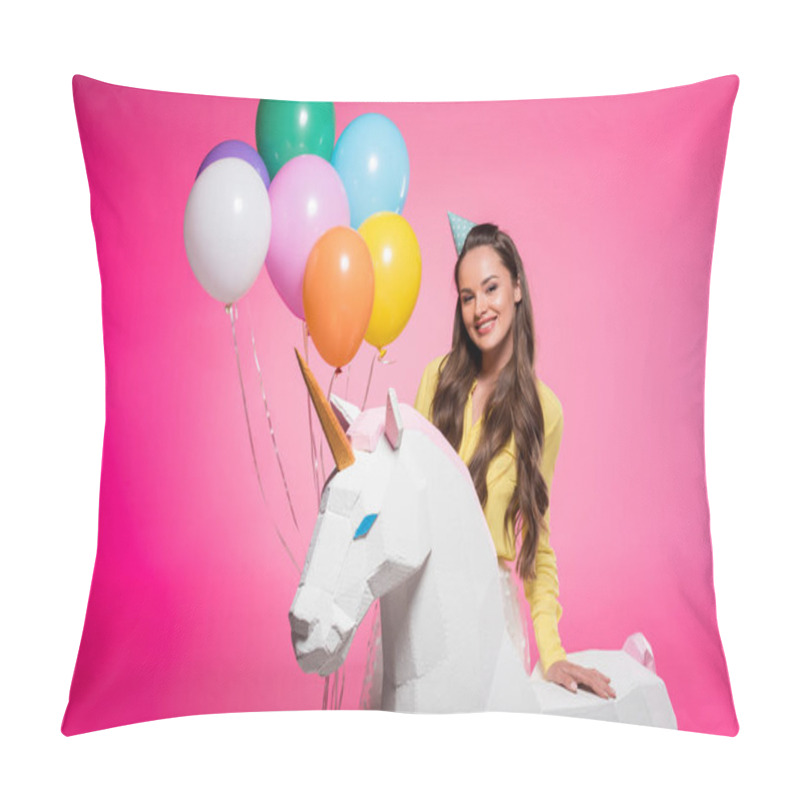 Personality  Attractive Woman With Party Hat, Balloons And Unicorn Toy Isolated On Pink Pillow Covers