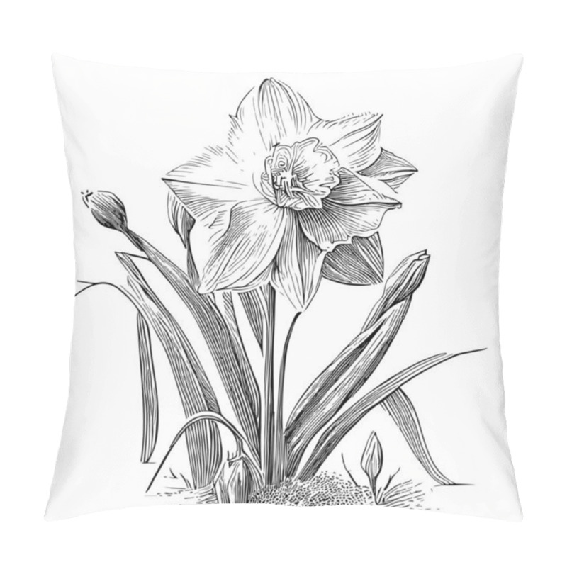 Personality  Daffodil Flower Sketch Hand Drawn In Engraved Style Sketch Vector Illustration. Pillow Covers