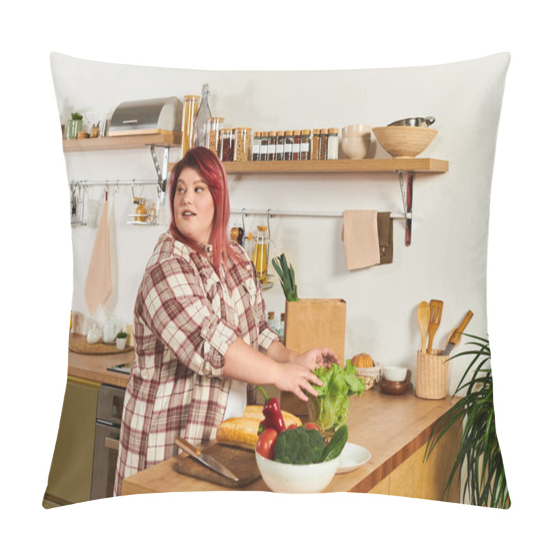 Personality  Plus Size Woman Joyfully Organizes Fresh Produce While Preparing A Healthy Meal At Home Pillow Covers