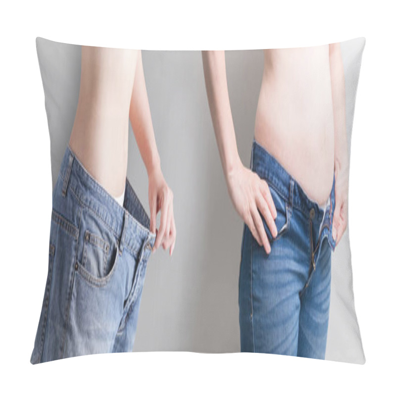 Personality  Woman Wear Jeans With Abdomen Loss Concept On The Gray Background Pillow Covers