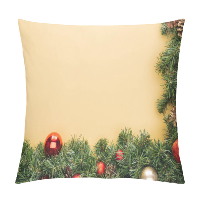 Personality  Top View Of Christmas Tree Branch With Red And Golden Baubles On Yellow Background Pillow Covers