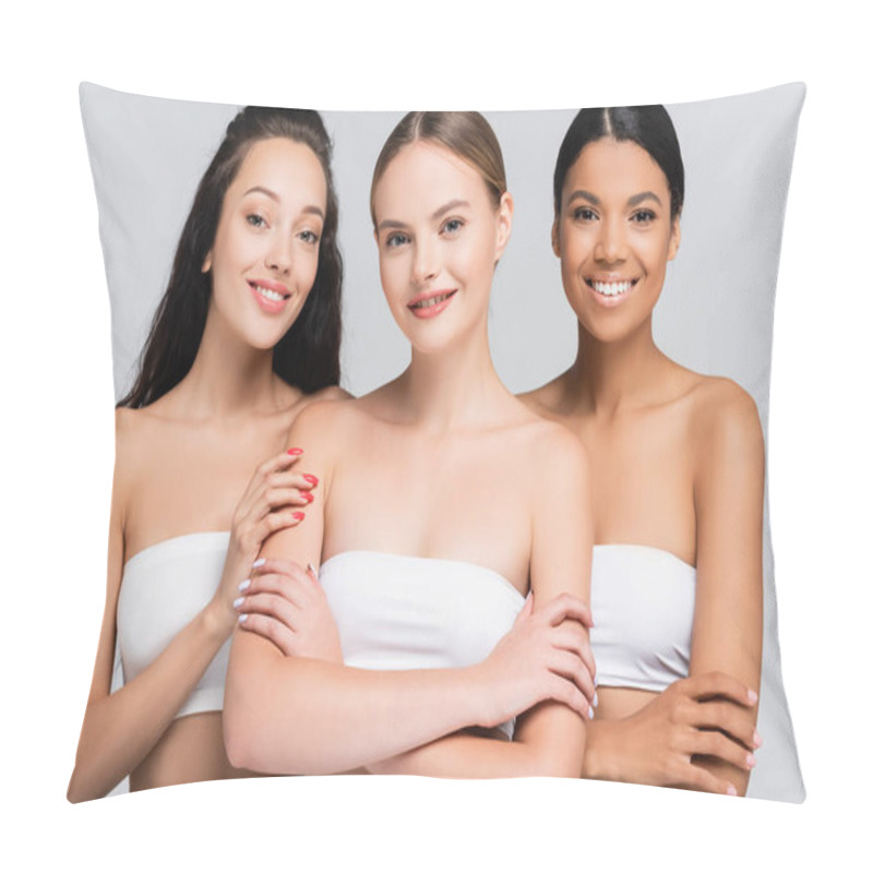 Personality  Happy Multiethnic Women With Bare Shoulders In Tops Isolated On Grey Pillow Covers