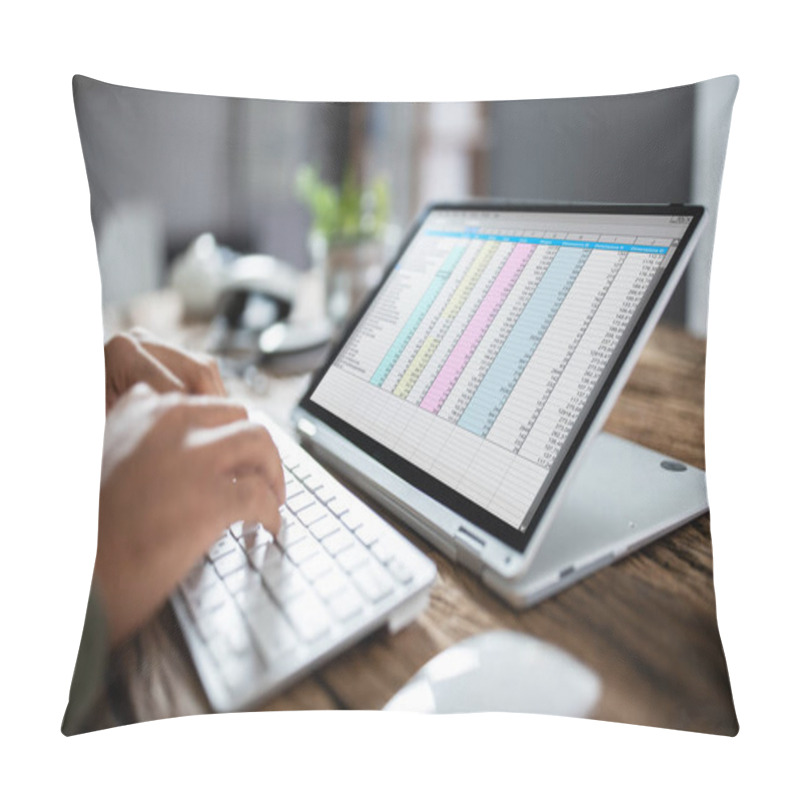 Personality  Close-up Of A Person's Hand Typing On Laptop Over Wooden Desk Pillow Covers