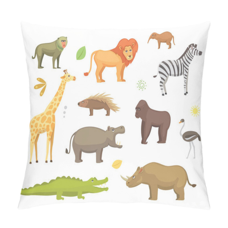 Personality  African Animals Cartoon Vector Set. Elephant, Rhino, Giraffe, Cheetah, Zebra, Hyena, Lion, Hippo, Crocodile, Gorila And Outhers. Safari Isolated Illustratio. Pillow Covers