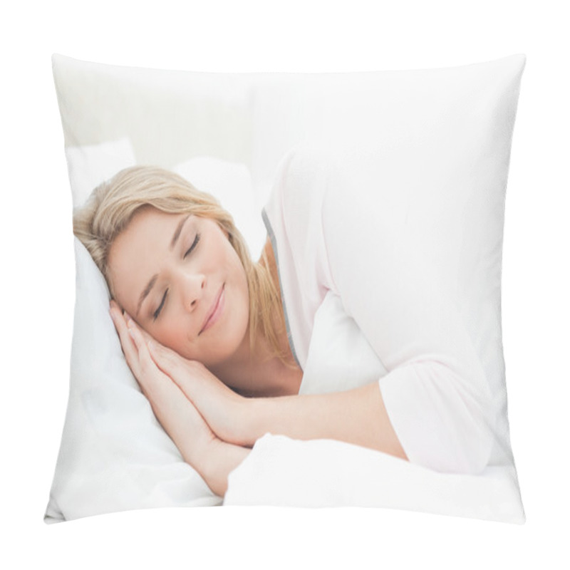 Personality  Woman Sleeping In Bed, Hands Positioned Beside Her Face Pillow Covers