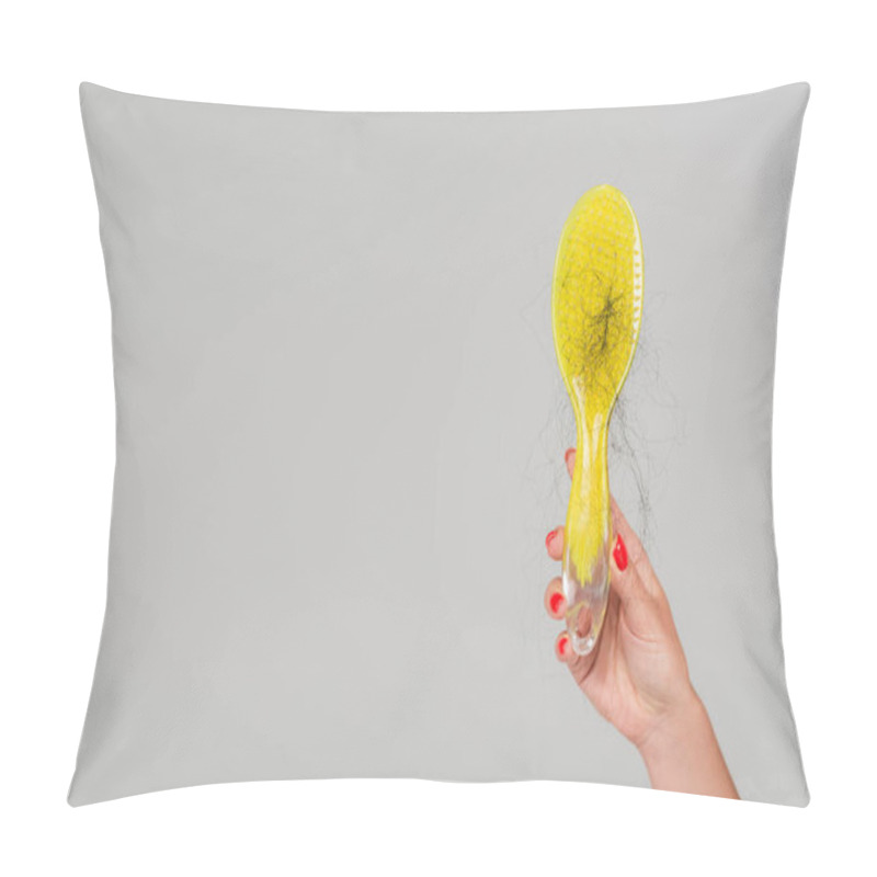 Personality  Cropped View Of Woman With Red Manicure Holding Yellow Hair Brush With Lost Hair Isolated On Grey Pillow Covers