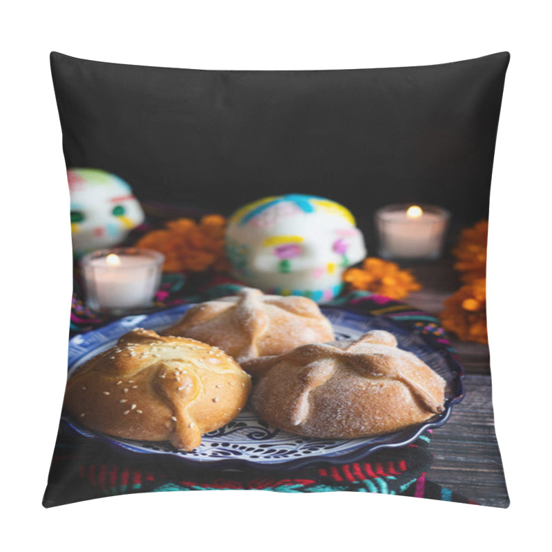 Personality  Mexican Bread On Altar With Sugar Skull And Hot Chocolate Traditional Food For Celebration Of Mexico's Day Of The Dead Pillow Covers