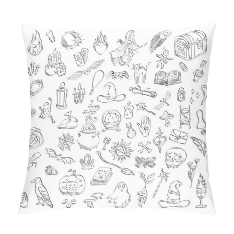 Personality  Collection Of Monochrome Illustrations Of Magic Items In Sketch Style. Hand Drawings In Art Ink Style. Black And White Graphics. Pillow Covers