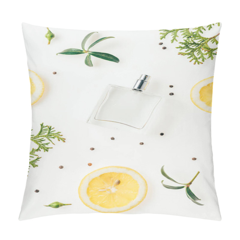 Personality  Top View Of Bottle Of Perfume With Green Branches And Lemon Slices On White Pillow Covers