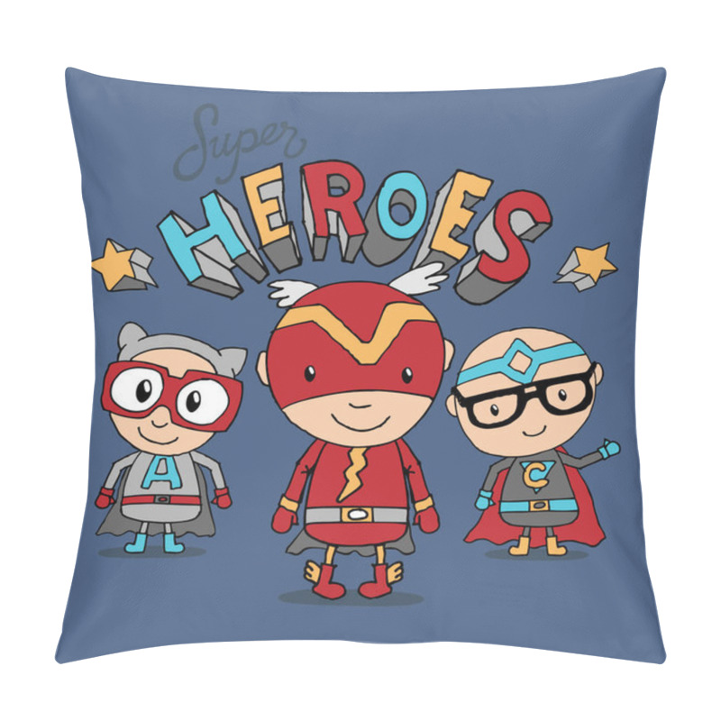 Personality  Three Adorable Boys Are Wearing Super Heroes Costumes. Artwork Design With Typography. Funny Kids Are Posing . Vector Illustration. Pillow Covers