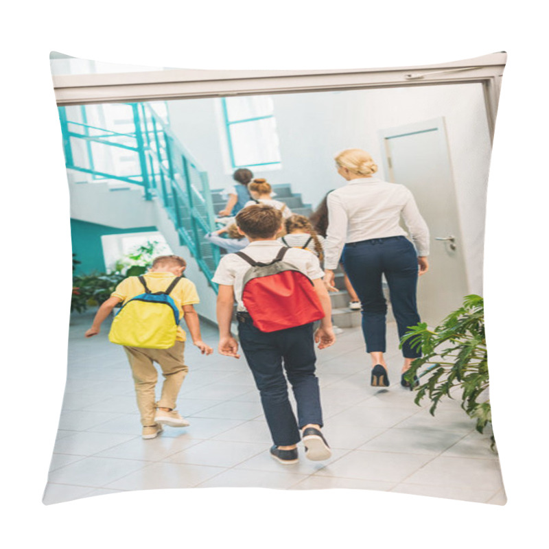 Personality  Rear View Of Group Of Scholars And Teacher Walking Upstairs At School Corridor Pillow Covers