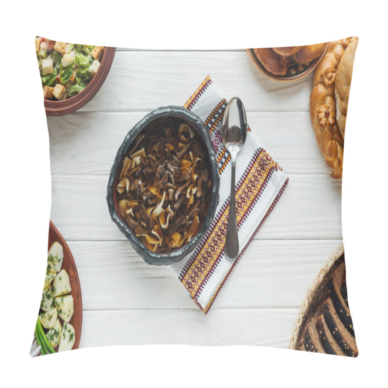 Personality  Delicious Traditional Mushroom Soup With Embroidered Towel, Spoon And Dishes Around On White Wooden Background Pillow Covers