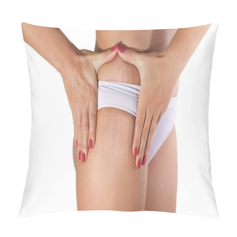 Personality  Woman Examining Her Stretch Marks Pillow Covers