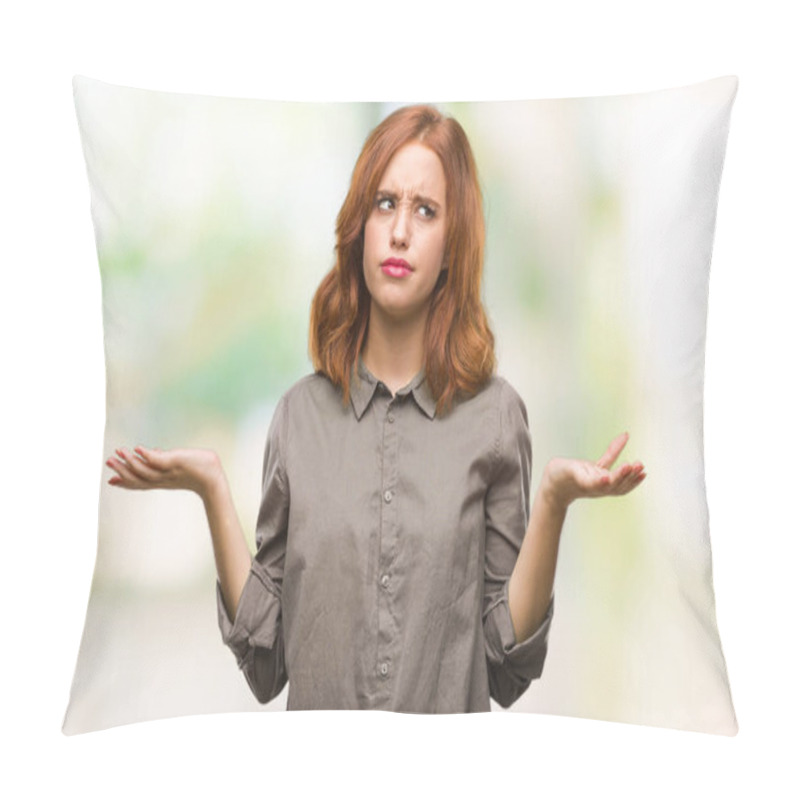 Personality  Young Beautiful Woman Over Isolated Background Clueless And Confused Expression With Arms And Hands Raised. Doubt Concept. Pillow Covers