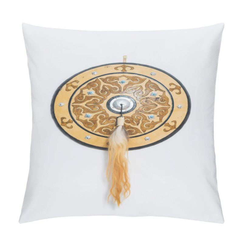 Personality  Kazakh Medieval Decorative Shield. Shield-amulet Of Natural Materials. White Wall. Kazakh National Ornaments. Decorative Element. Pillow Covers