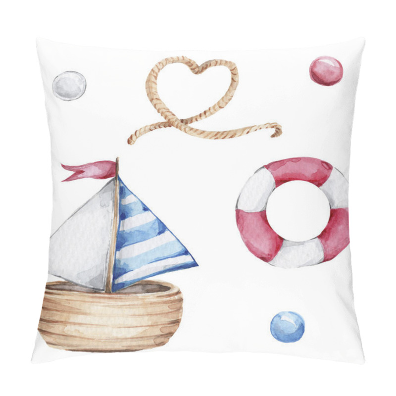 Personality  Sea Set With Ship, Lifebuoy, Rope And Red, Blue And White Circles; Can Be Used For Cards Or Invitations; Watercolor Hand Draw Illustration; With White Isolated Background Pillow Covers