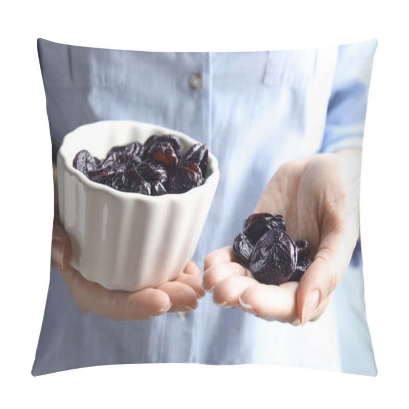 Personality  Woman Holding Bowl And Handful Of Dried Plums, Closeup. Healthy Fruit Pillow Covers