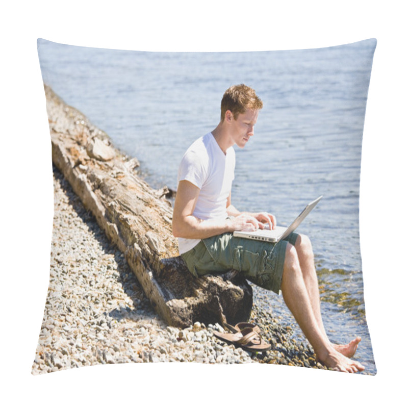 Personality  Man Using Laptop Near Stream Pillow Covers