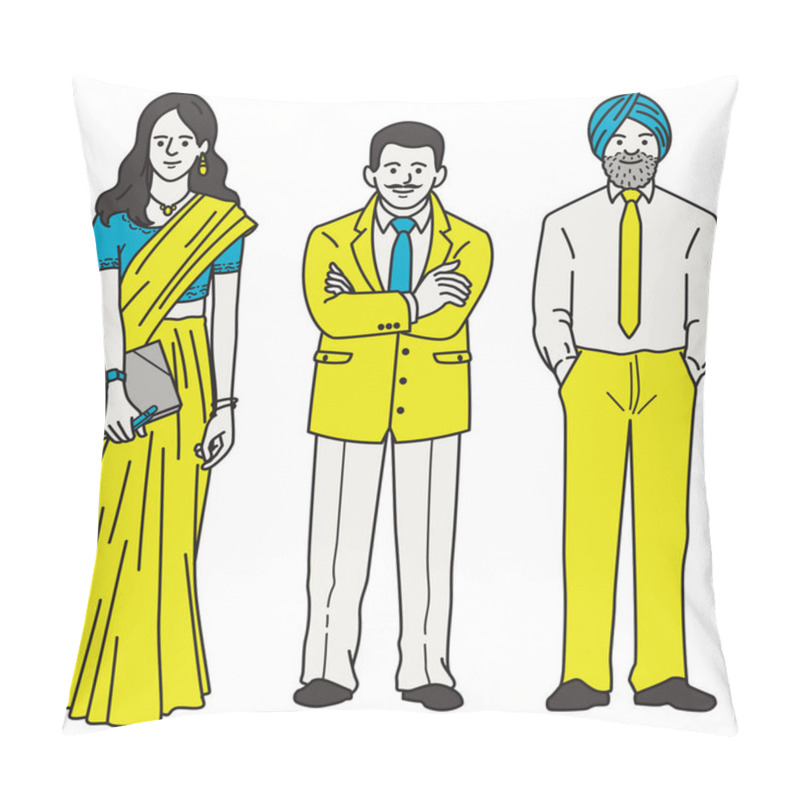 Personality  Vector Illustration Full Length Character Of Indian Businessman And Businesswoman, Man In Suits And Sikh Turban, Woman In Traditional Saree.  Outline, Thin Line Art, Linear Style. Pillow Covers