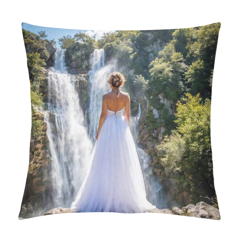 Personality  Bride With A Long Curly Hair, In The Blue Dress Is Standing Near The Waterfall. High Quality Photo Pillow Covers