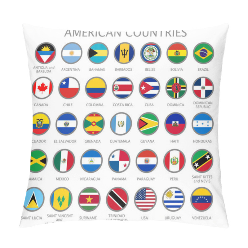 Personality  All National Flags Of The Countries Of American Continents In Alphabetical Order. Official Colors Flags And Round Design. Vector Illustration Pillow Covers