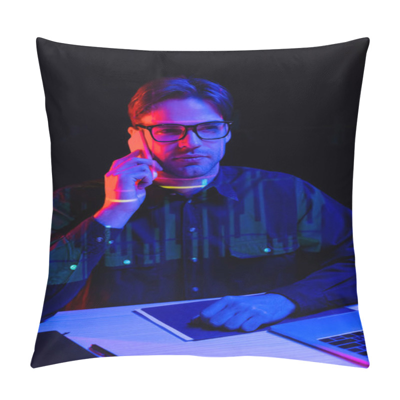 Personality  Programmer In Eyeglasses Talking On Cellphone Near Laptop And Paper Folder Isolated On Black  Pillow Covers