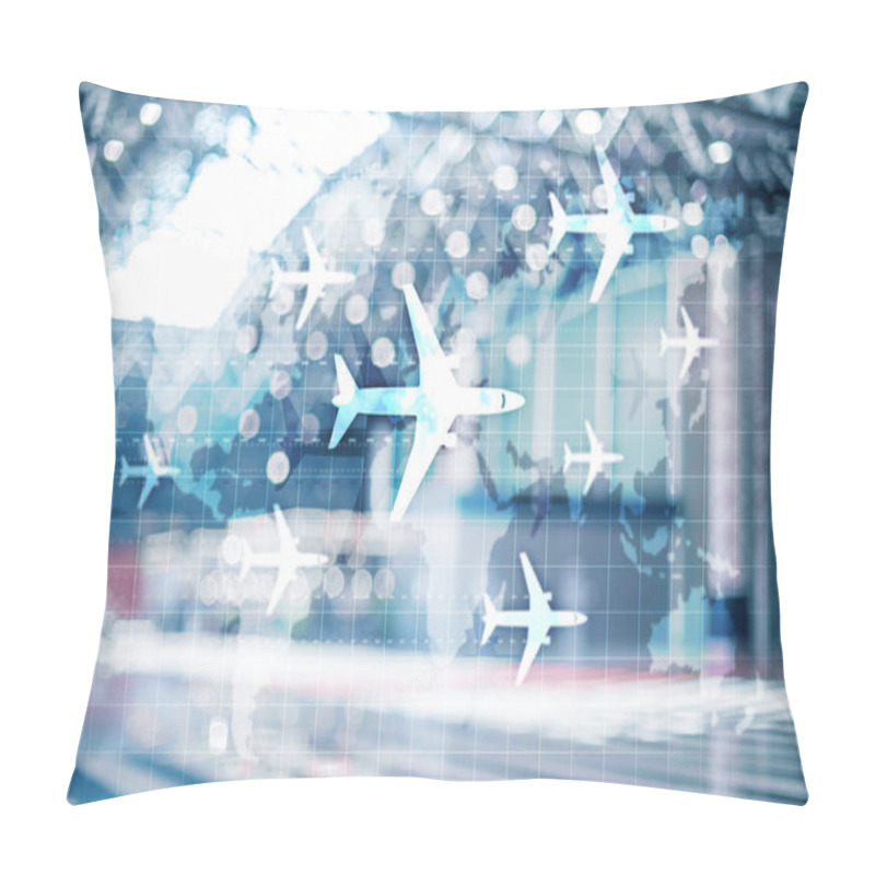 Personality  World Map With Flight Routes Airplanes. Global Aviation Business Tourism. Double Exposure Background Pillow Covers