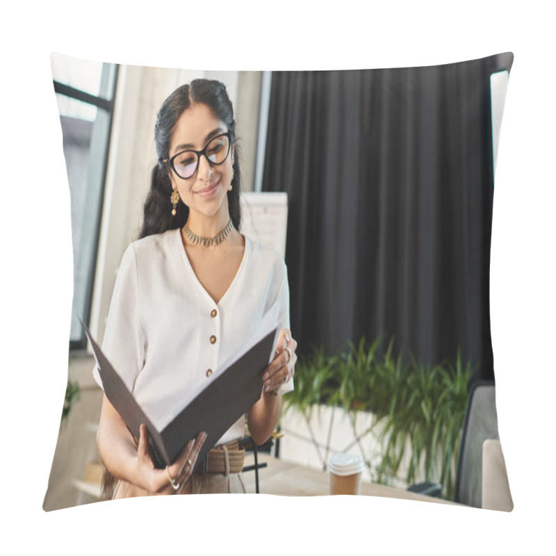 Personality  A Dynamic Indian Woman With Glasses Handling A Folder In A Professional Office Setting. Pillow Covers