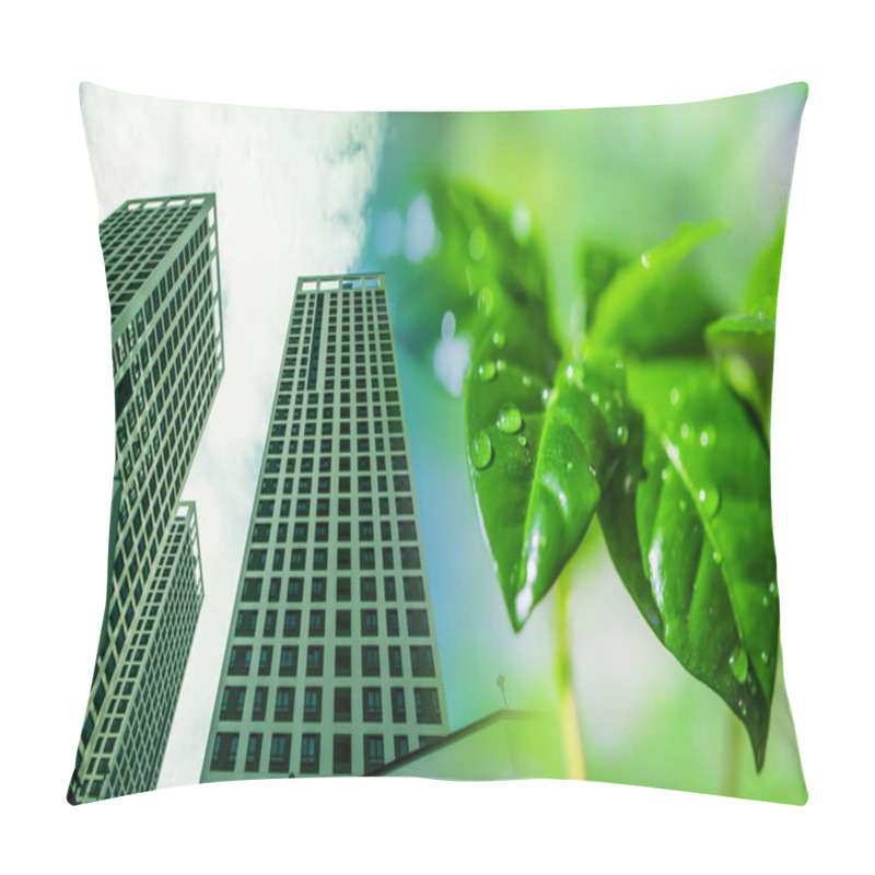 Personality  Modern Skyscraper On A Background Of Green Plants . The Concept Of Environmental Clean Construction . Pillow Covers