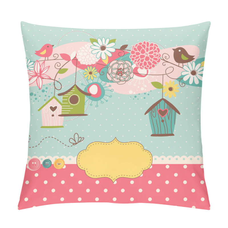 Personality  Beautiful Spring Background With Bird Houses, Birds And Flowers Pillow Covers