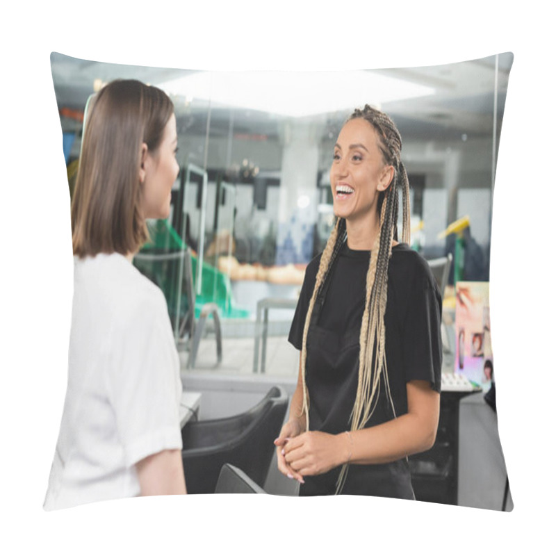 Personality  Happy Beauty Worker Welcoming Female Client, Cheerful Hair Stylist With Braids Looking At Woman In Salon, Customer Satisfaction, Beauty Industry, Hair Extension, Hair Colorist, Salon Job  Pillow Covers