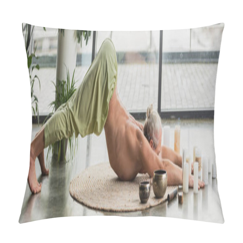 Personality  Side View Of Shirtless Man Stretching Back Near Tibetan Singing Bowls, Banner  Pillow Covers