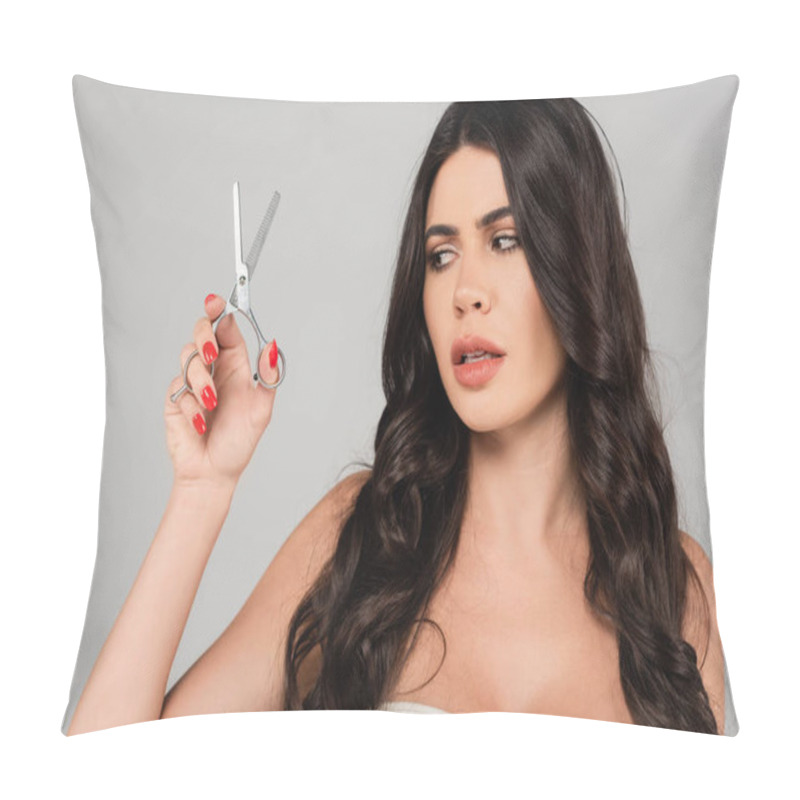 Personality  Worried Brunette Woman With Long And Shiny Hair Holding Thinning Scissors Isolated On Grey Pillow Covers