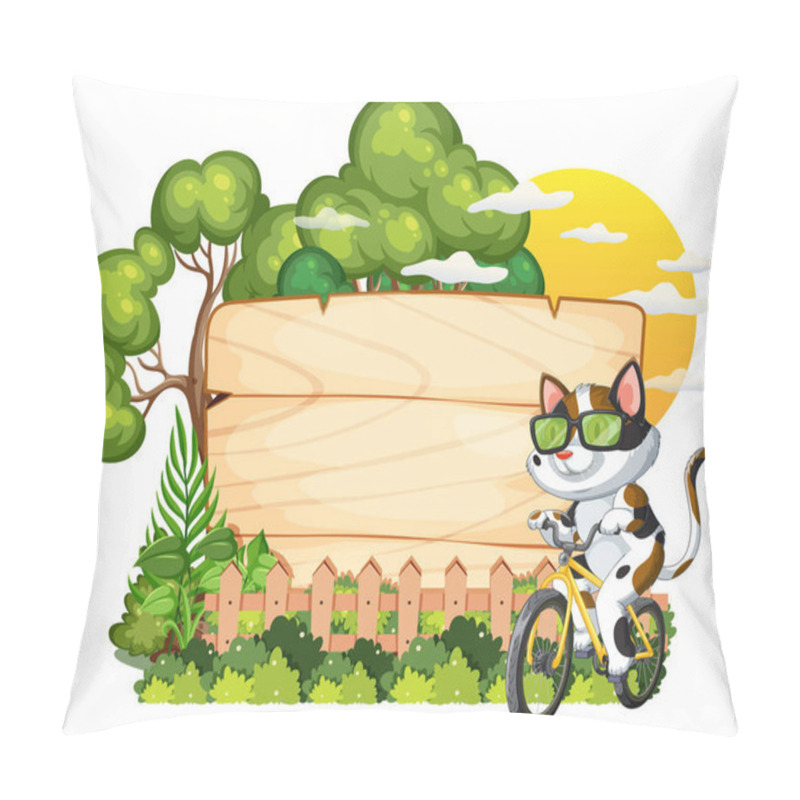 Personality  Cat Rides Bike Near Trees And Wooden Sign Pillow Covers