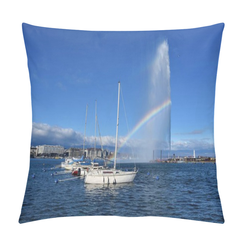 Personality  Geneva, Switzerland - February 4, 2023: Beautiful View Of Water Jet Fountain With Rainbow And Boats At The Harbor Of Geneva, Lake Leman, Switzerland. Pillow Covers